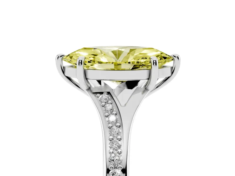 Fancy Yellow Marquise Cut Diamond Solitaire Ring Set in Platinum with Pavé Accent Band and Classic Prong Setting