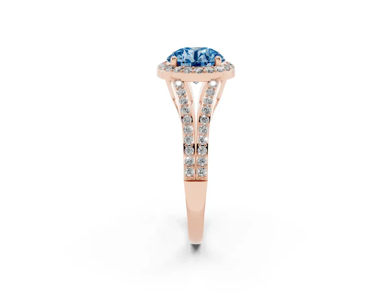 Round Halo Engagement Ring Setting for a Fancy Blue Lab-Grown Diamond | Pave Split Shank | Rose Gold