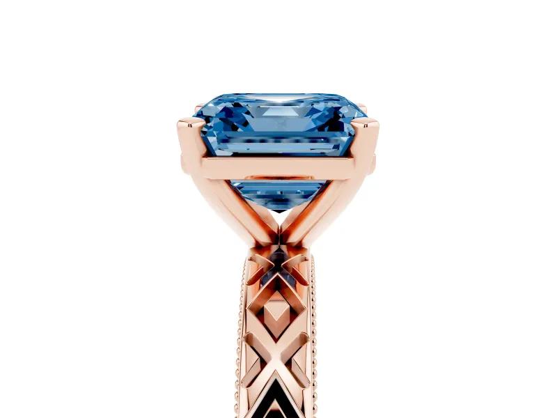 Fancy Blue Asscher Cut Diamond Solitaire Ring Set in Rose gold with Milgrain and Black Enamel X Pattern Band