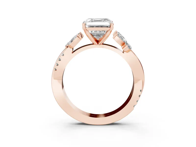 Asscher Cut Diamond Floral Vine Solitaire Engagement Ring Set in Rose gold with Marquise Leaves