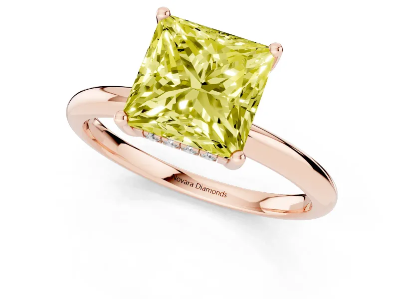 Fancy Yellow Princess Cut Diamond Solitaire Engagement Ring Set in Rose gold with Prong Setting and Polished Band