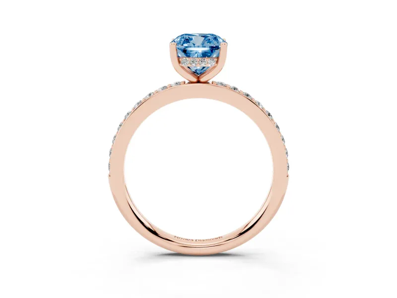 Fancy Blue Cushion Cut Diamond Pavé Band Ring Set in Rose gold with Prong-Set Center Stone