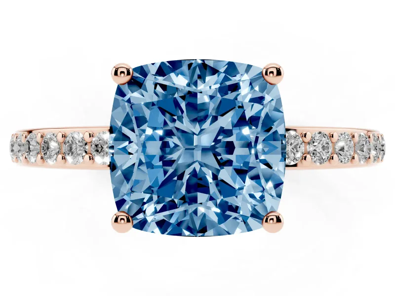 Fancy Blue Cushion Cut Diamond Pavé Band Ring Set in Rose gold with Prong-Set Center Stone