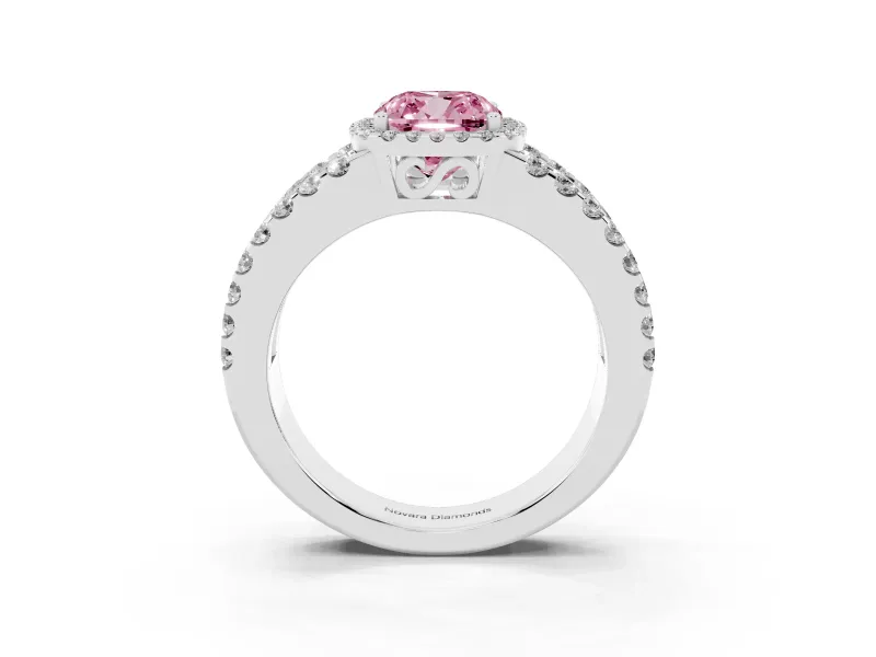 Fancy Pink Cushion Cut Diamond Halo Ring Set in Silver with Pavé Split Shank and Prong Setting