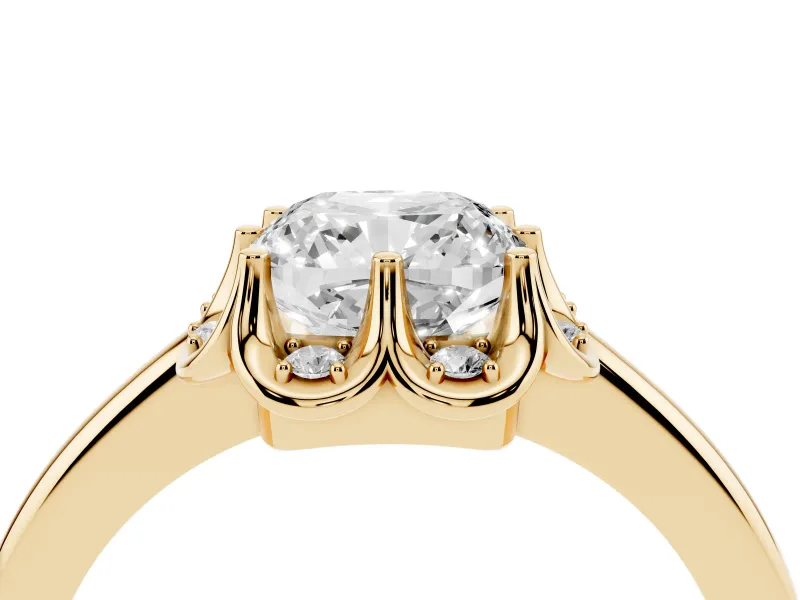 Cushion Cut Scalloped Petal Halo Engagement Ring Setting | Plain Band | Yellow Gold