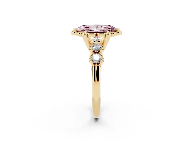 Marquise Floral Engagement Ring Setting for a Fancy Pink Lab-Grown Diamond | Petal Frame and Side Stones | Yellow Gold