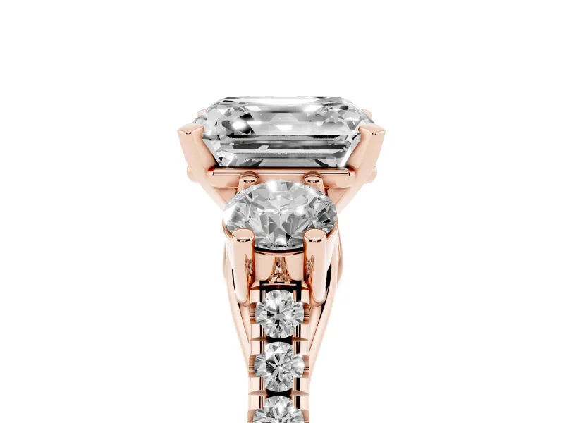 Asscher Cut Three-Stone Pavé Engagement Ring Setting | Round Side Stones | Rose Gold