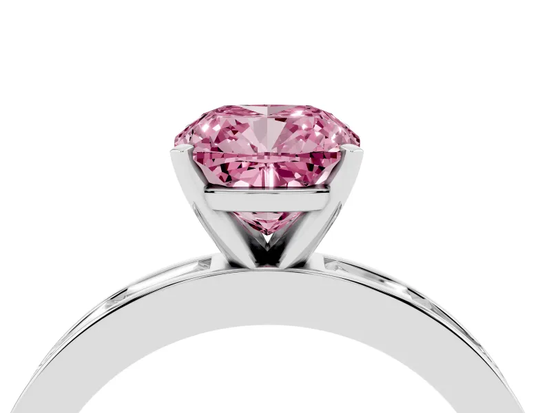 Fancy Pink Cushion Cut Diamond Solitaire Ring Set in Platinum with Channel-Set Baguette Band and Prong Setting