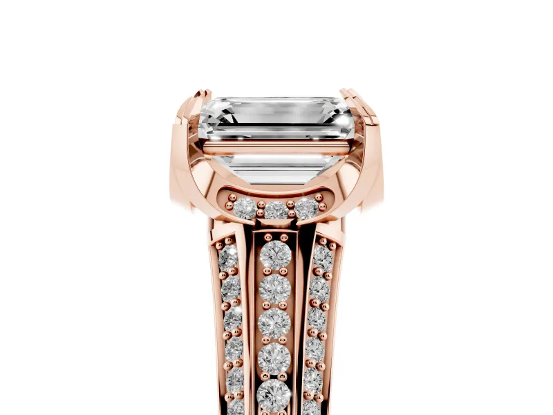 Emerald Cut Hidden Halo Engagement Ring Setting | Triple Row Pavé Band | Rose Gold
