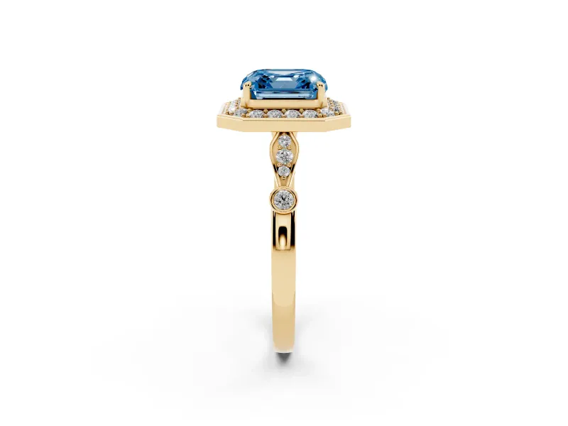Asscher Cut Halo Engagement Ring Setting for a Fancy Blue Lab-Grown Diamond | Bezel Station Shoulders | Yellow Gold