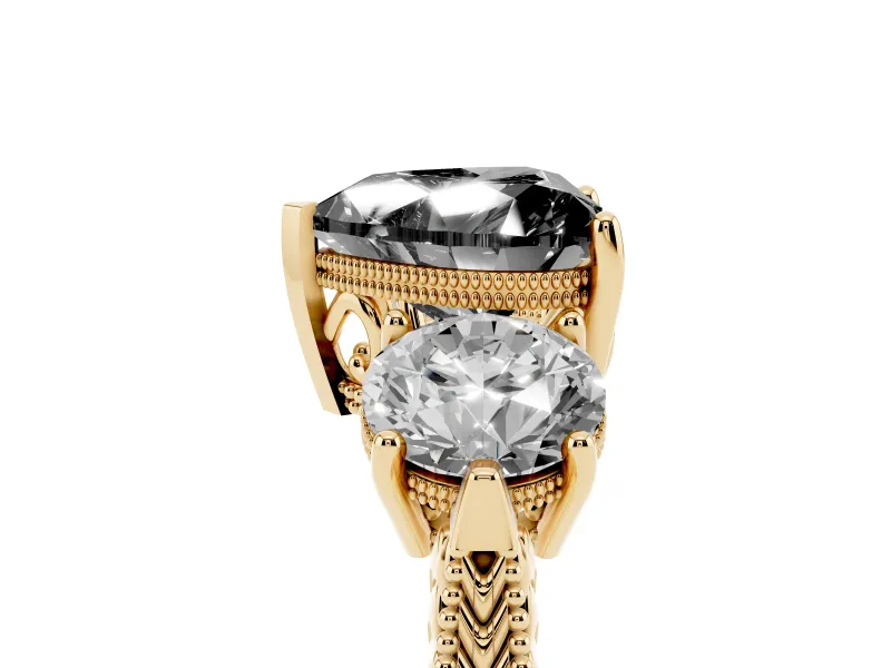 Fancy Black Heart Cut Diamond Three-Stone Ring Set in Yellow gold with Milgrain Band