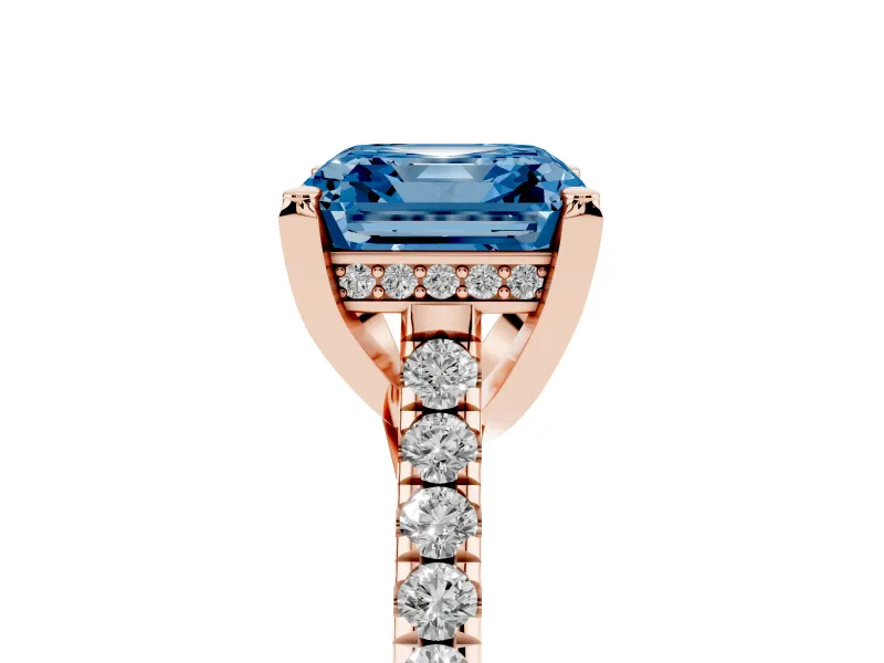 Asscher Cut Hidden Halo Pave Engagement Ring Setting for a Fancy Blue Lab-Grown Diamond | Claw Prongs | Rose Gold