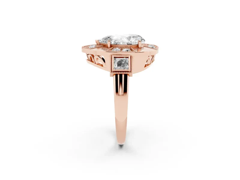 Pear-Shaped Milgrain Sectioned Halo Engagement Ring Setting | Square-Framed Sides | Rose Gold