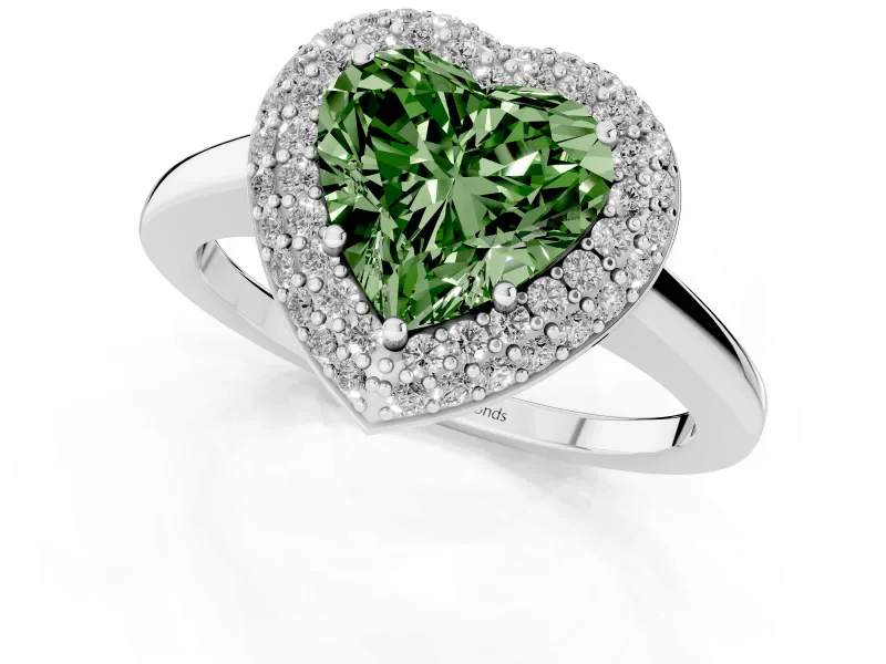 Fancy Green Heart Cut Diamond Halo Engagement Ring Set in Platinum with Solitaire Band and Prong Setting