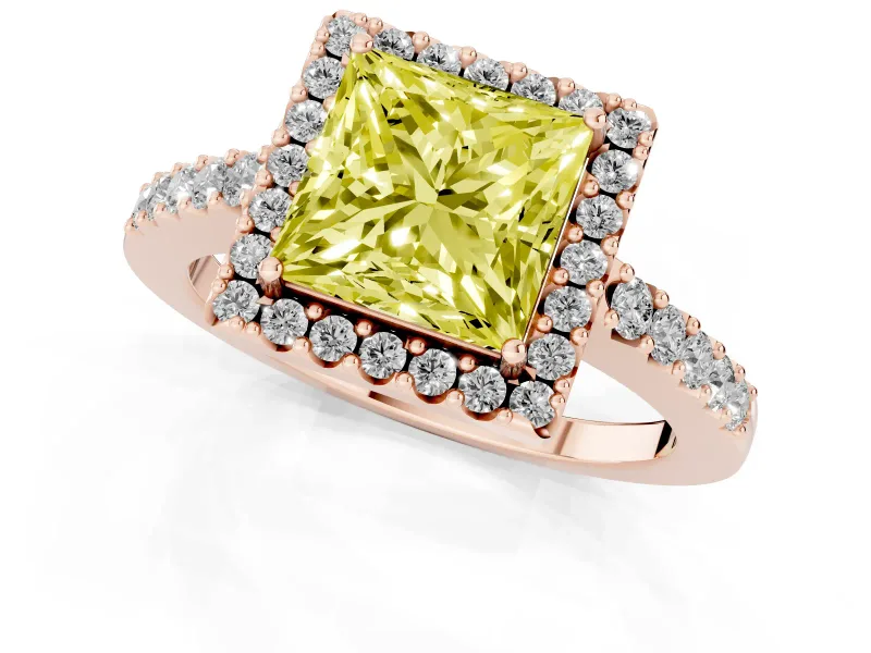 Princess Cut Halo Engagement Ring Setting for a Fancy Yellow Lab-Grown Diamond | Single Row Pavé Band | Rose Gold
