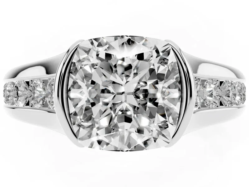 Cushion Cut Half Bezel Solitaire Engagement Ring Setting | Graduated Channel Band | Platinum