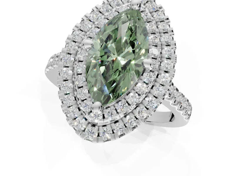 Fancy Green Marquise Lab-Grown Diamond Double Halo Statement Ring Set in White Gold with Pavé Band