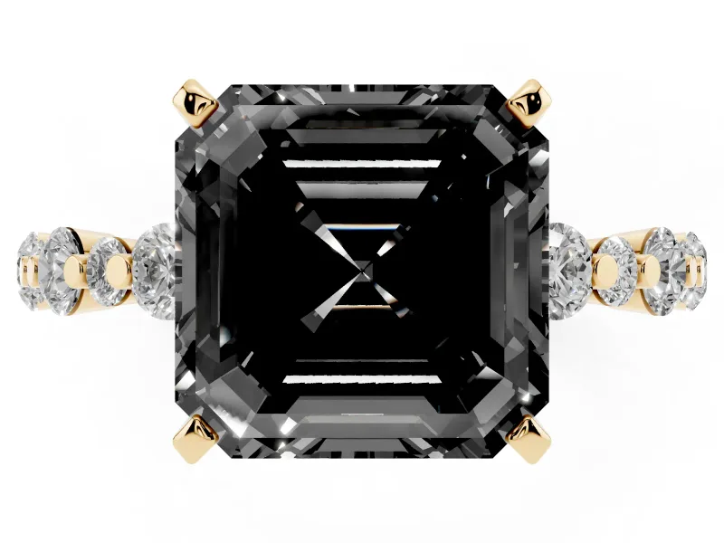 Fancy Black Asscher Cut Diamond Prong Set Engagement Ring Set in Yellow gold with Round Accent Pavé Band