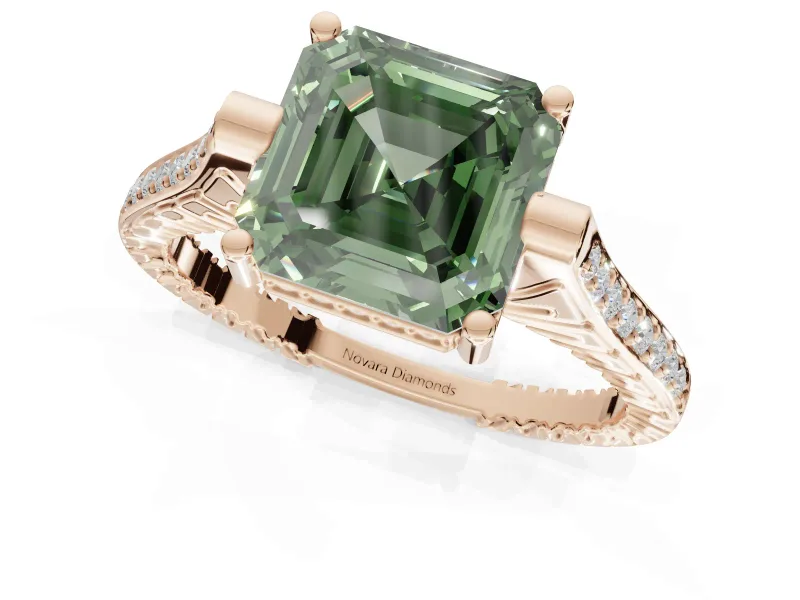 Asscher Cut Vintage Cathedral Engagement Ring Setting for a Fancy Green Lab-Grown Diamond | Carved Band | Rose Gold