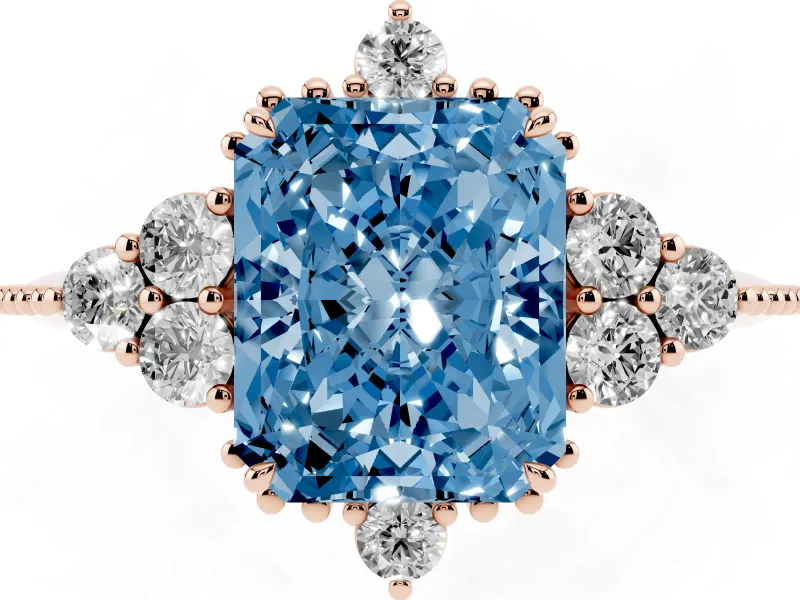 Fancy Blue Radiant Cut Diamond Cluster Ring Set in Rose gold with Beaded Band