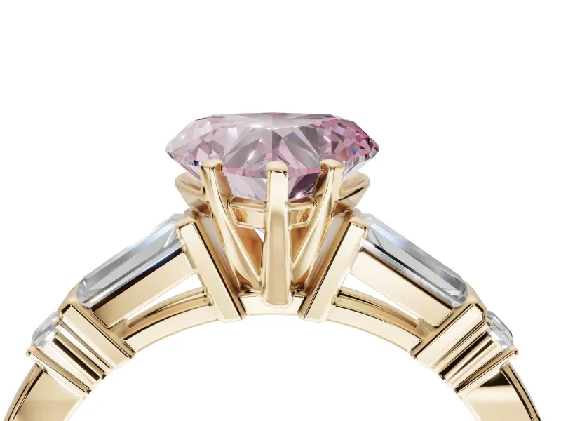Heart-Shaped Tapered Baguette Engagement Ring Setting for a Fancy Pink Lab-Grown Diamond | Bar Set Sides | Yellow Gold