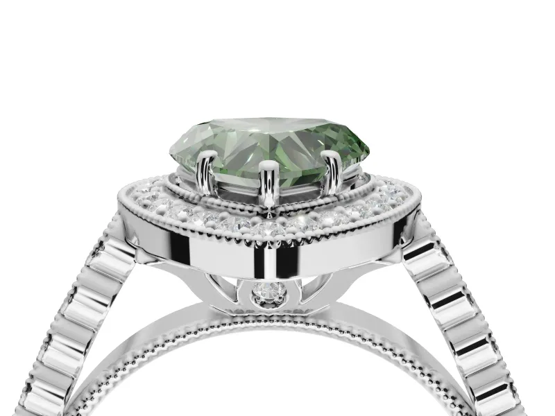 Heart-Shaped Graduated Milgrain Halo Engagement Ring Setting for a Fancy Green Lab-Grown Diamond | White Gold
