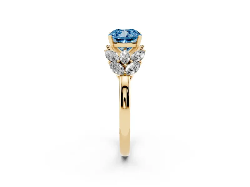 Fancy Blue Cushion Cut Diamond Cluster Leaf Design Ring Set in Yellow gold with Prong Setting
