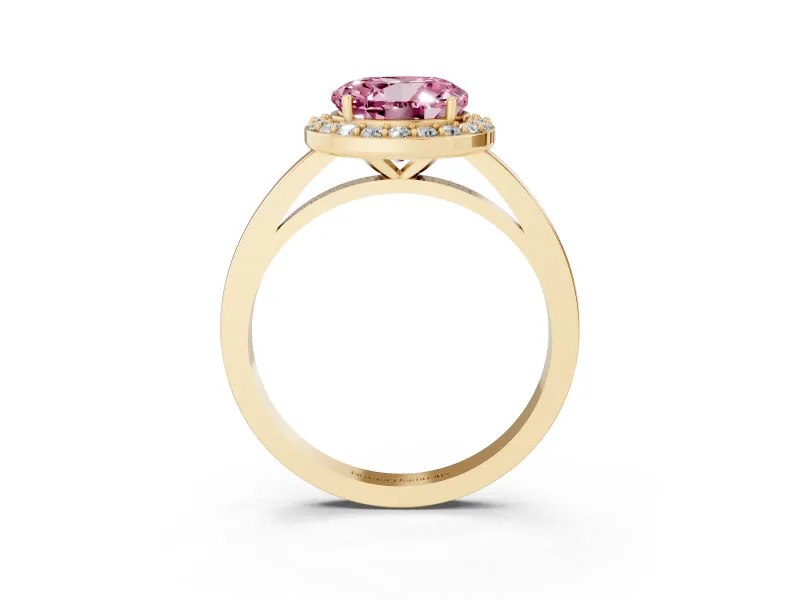 Fancy Pink Round Cut Diamond Halo Ring Set in Yellow gold with Solitaire Band and Prong Setting
