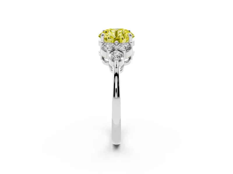 Round Cluster Side Stone Engagement Ring Setting for a Fancy Yellow Lab-Grown Diamond | Plain Band | Sterling Silver