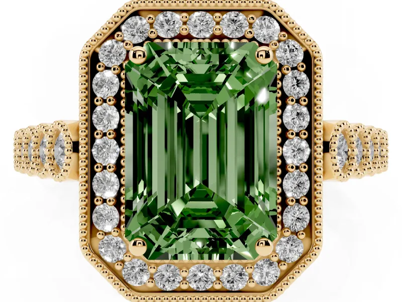 Emerald Cut Graduated Milgrain Halo Engagement Ring Setting for a Fancy Green Lab-Grown Diamond | Yellow Gold