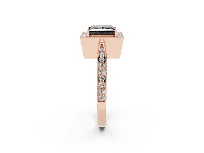Princess Cut Milgrain Halo Engagement Ring Setting for a Black Center | Side Stones | Rose Gold