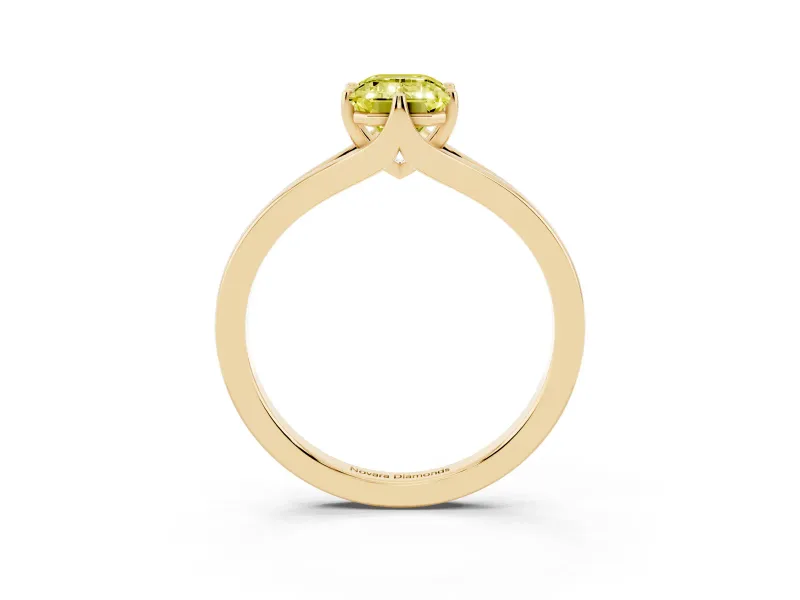 Fancy Yellow Emerald Cut Diamond Solitaire Ring Set in Yellow gold with Polished Tapered Band and Prong Setting
