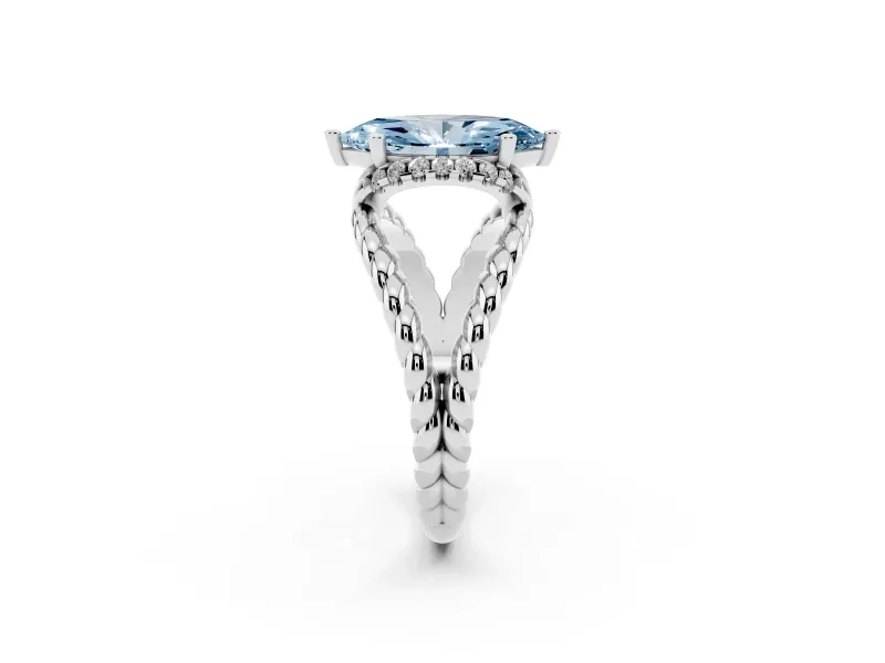 Fancy Blue Marquise Cut Diamond Halo Ring Set in Silver with Twisted Band and Prong Setting