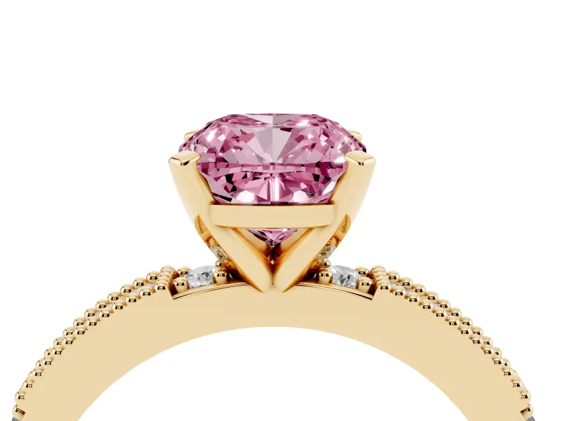 Fancy Pink Cushion Cut Diamond Solitaire Ring Set in Yellow gold with Slim Pavé Band and Prong Setting