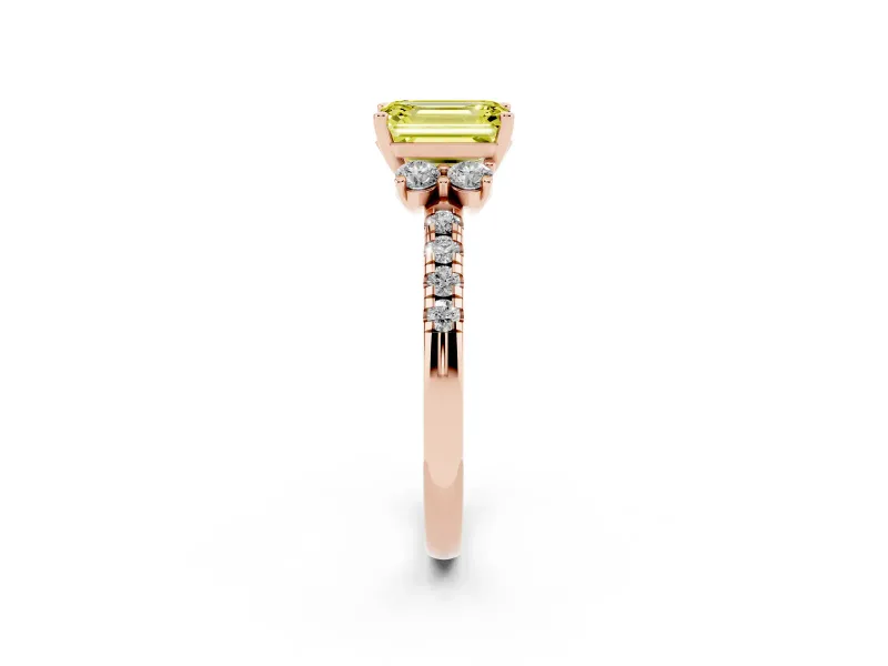 Emerald Cut Side Stone Engagement Ring Setting for a Fancy Yellow Lab-Grown Diamond | Pave Band | Rose Gold