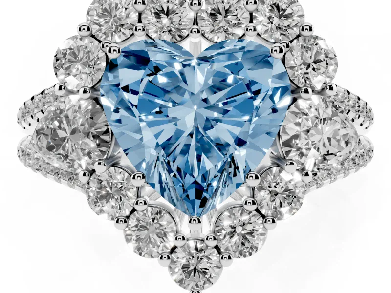 Fancy Blue Heart Cut Diamond Halo Split Shank Engagement Ring Set in Platinum with Prong-Held Center Stone
