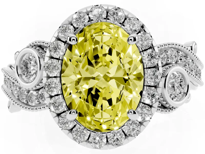Fancy Yellow Oval Cut Diamond Halo Ring Set in White gold with Milgrain Pavé Band and Prong Setting