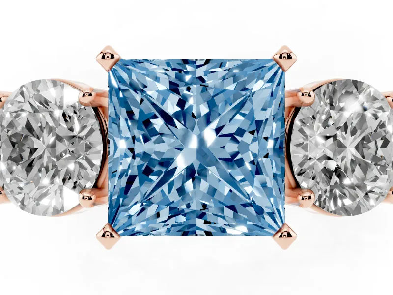 Princess Cut Three Stone Engagement Ring Setting for a Fancy Blue Lab-Grown Diamond | Wide Plain Band | Rose Gold