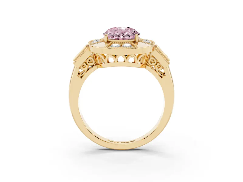 Oval Milgrain Sectioned Halo Engagement Ring Setting for a Fancy Pink Lab-Grown Diamond | Yellow Gold