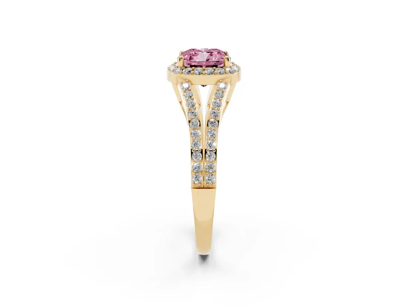 Cushion Cut Halo Engagement Ring Setting for a Fancy Pink Lab-Grown Diamond | V-Split Pavé Band | Yellow Gold