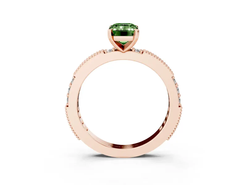 Fancy Green Emerald Cut Diamond Solitaire Ring Set in Rose gold with Slim Pavé Band and Prong Setting