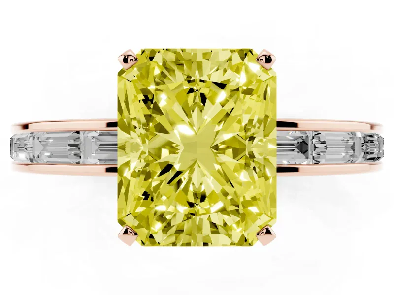 Fancy Yellow Radiant Cut Diamond Solitaire Ring Set in Rose gold with Channel-Set Baguette Band and Prong Setting