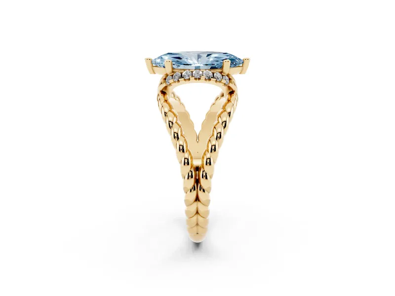 Fancy Blue Marquise Cut Diamond Halo Ring Set in Yellow gold with Twisted Band and Prong Setting