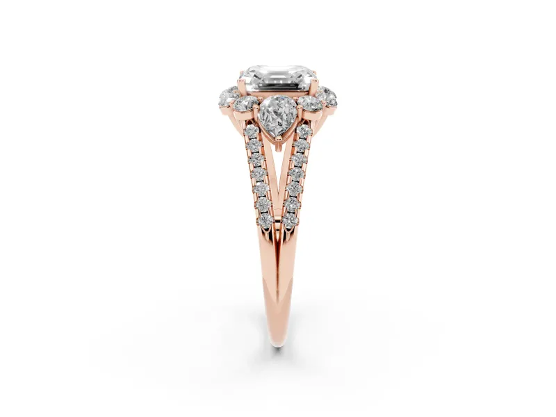 Asscher Cut Scalloped Halo Engagement Ring Setting | Pear Side Stones | Rose Gold