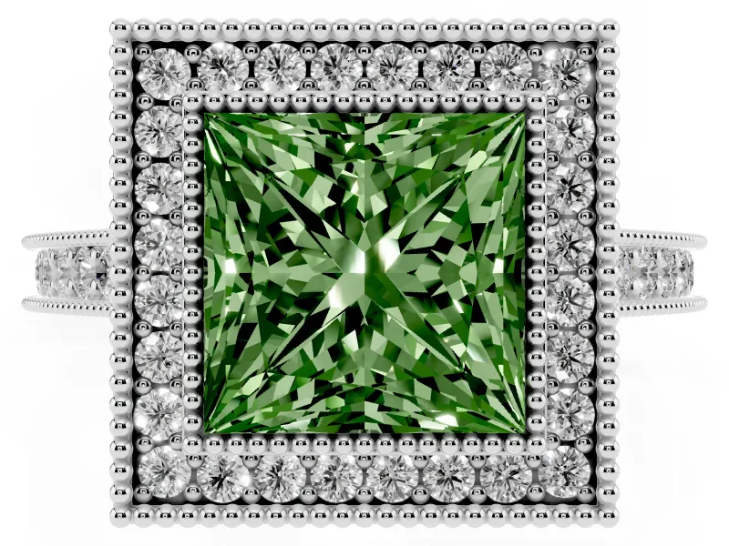 Princess Cut Vintage Milgrain Halo Engagement Ring Setting for a Fancy Green Lab-Grown Diamond | Bezel Head | White Gold