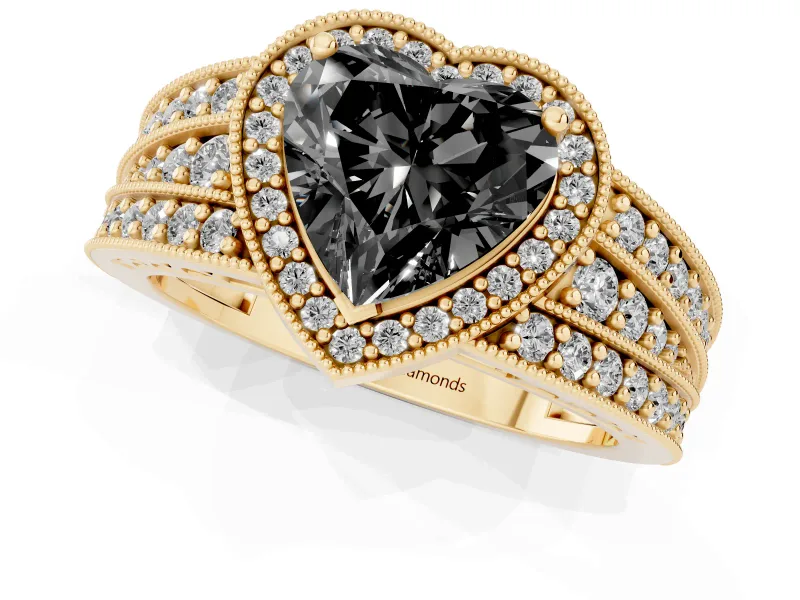 Fancy Black Heart Cut Diamond Halo Ring Set in Yellow gold with Accent Split Shank and Prong Setting