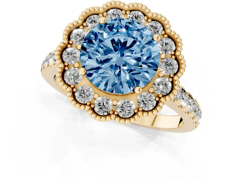Fancy Blue Round Cut Diamond Milgrain Floral Halo Engagement Ring Set in Yellow gold with Pavé Band