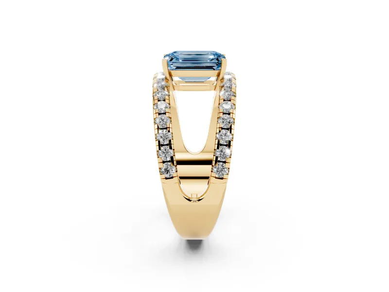 Emerald Cut Split Shank Pavé Engagement Ring Setting for a Fancy Blue Lab-Grown Diamond | Yellow Gold