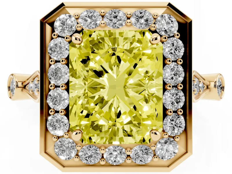 Radiant Cut Halo Engagement Ring Setting for a Fancy Yellow Lab-Grown Diamond | Bezel Station Shoulders | Yellow Gold