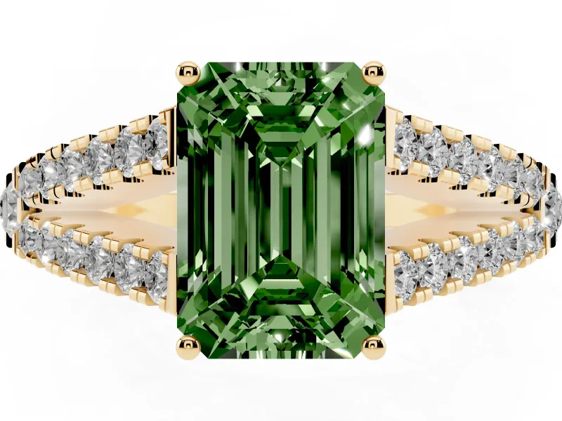 Emerald Cut Graduated Split Shank Engagement Ring Setting for a Fancy Green Lab-Grown Diamond | Yellow Gold